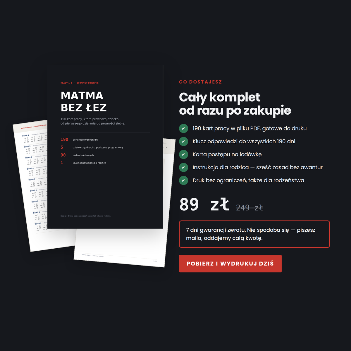 Matma Bez Łez — 190 kart pracy do druku, klasy 1–3