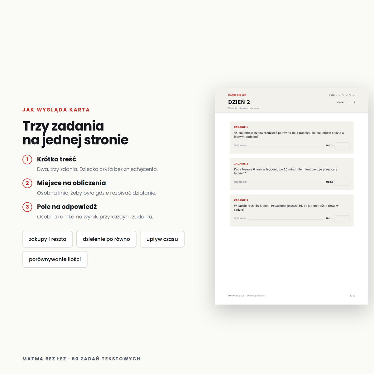Bonus — 60 zadań tekstowych, klasy 1–3