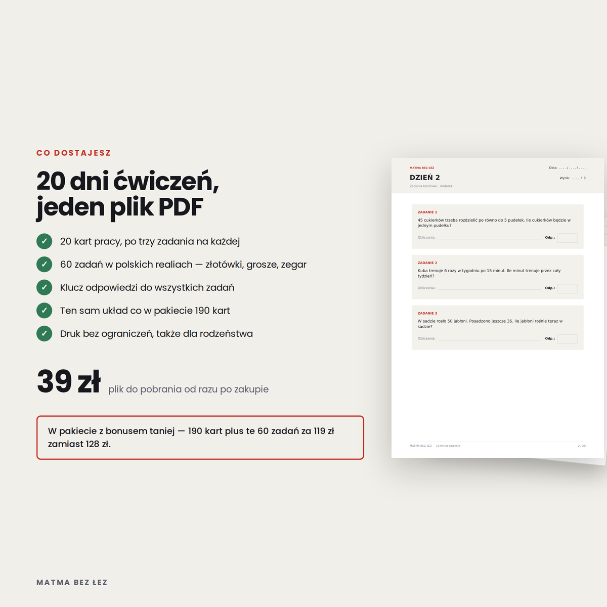Bonus — 60 zadań tekstowych, klasy 1–3